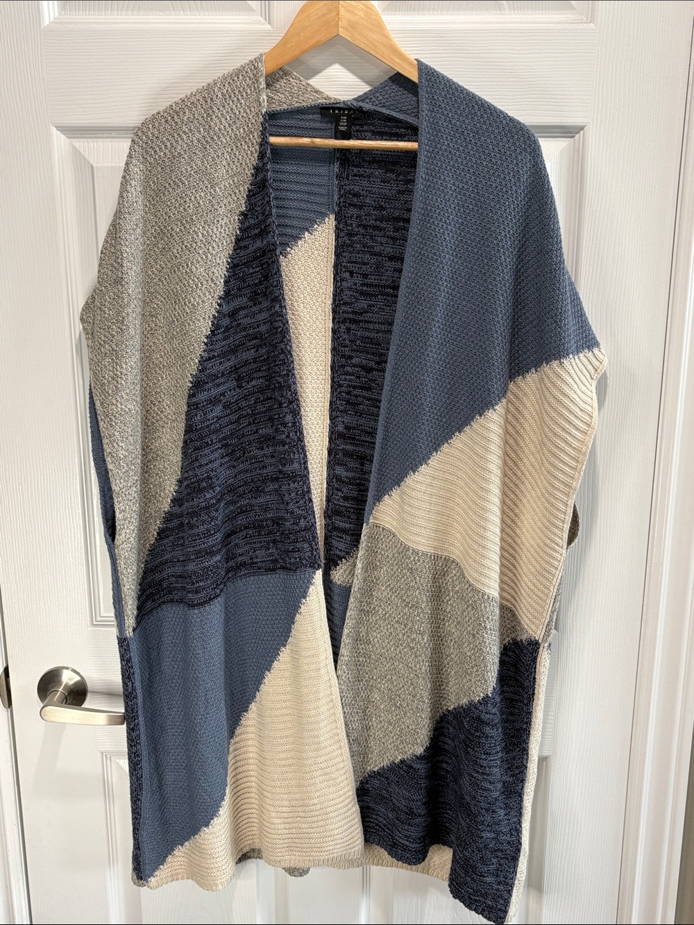 Tribal Blue Geometric Patchwork Open Front Long Vest, Size S/M